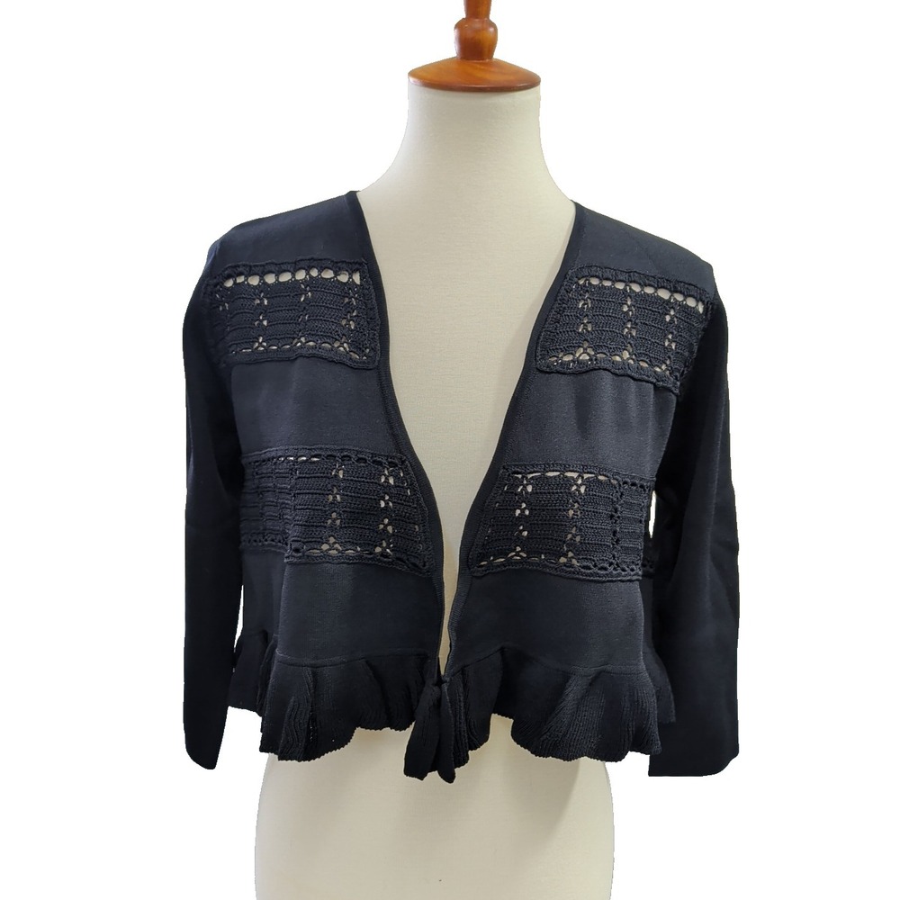 Joseph A Open Front Crop Cardigan Women L Black‎  3/4 Sleeve Crochet Ruffle
